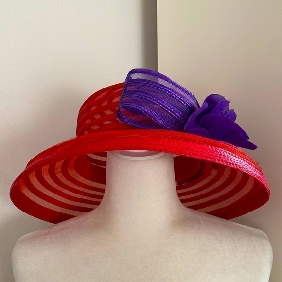 Red Hat Society Derby Purple Silk Flower Mesh Ribbon Vacation Party Holiday - Picture 3 of 15